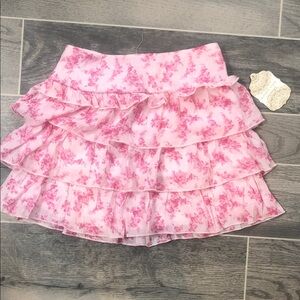 Altar'd State Pink Floral Tiered Ruffle Mini Skirt